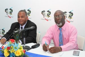(L-R) Hon. Eric Evelyn, Minister of Culture in the Nevis Island Administration; and Mr. Abonaty Liburd, Executive Director of the Culturama Secretariat and Chairman of the Nevis Culturama 44 at a press conference at the Cultural Village on September 06, 2018