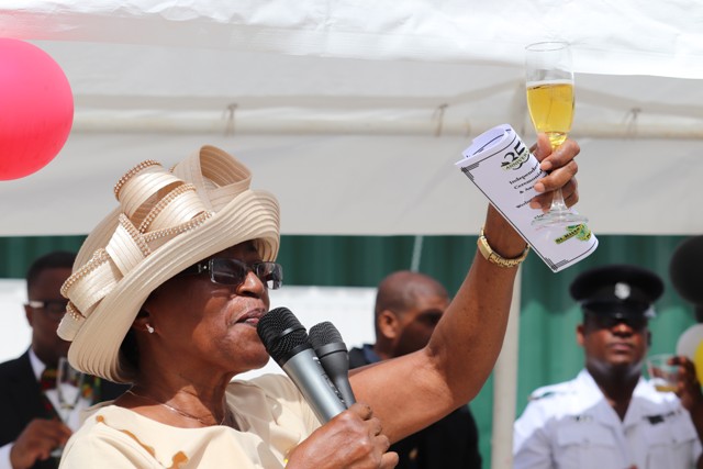 Deputy Governor General for Nevis Her Honour Mrs. Hyleta Liburd, raising a toast to St. Kitts and Nevis in celebration of its 35th Anniversary of Independence at the Royal St. Christopher and Nevis Police Force Nevis Division’s annual Police Toast, at the Cultural Village on September 19, 2018