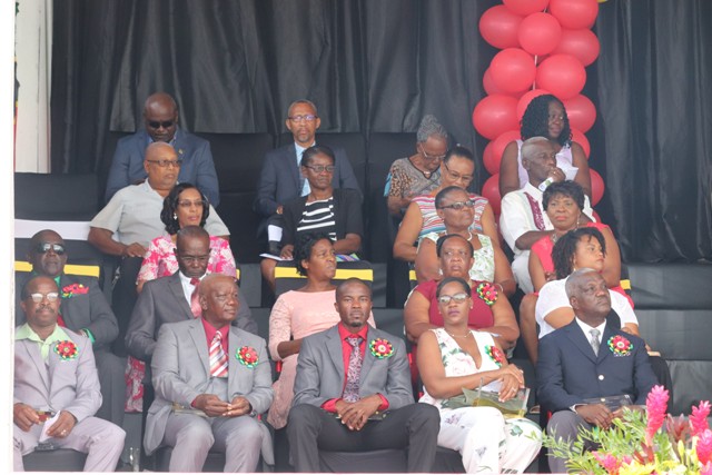 Awardees at the 35th Anniversary of Independence Ceremonial Parade and Awards Ceremony seated with other guests of the Nevis Island Administration at the Elquemedo T. Willett Park on Wednesday, September 09, 2018. First row (l-r) Mr. D. Allister Parris, Mr. Ralph Ottley, Mr. Orian Jones son of awardee Mr. Urban Jones; Ms. Chevaughn Claxton, daughter of awardee Mr. Oldain Claxton and Mr. Vincent Maynard. Second row (l-r) Mr. Claude Nisbett, Mr. Eric Maynard, Ms. Joys Clarke and Mrs. Ermine Hendrickson