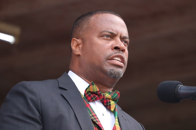 Hon. Mark Brantley, Premier of Nevis delivering an address at the 35th Anniversary of Independence Ceremonial Parade and Awards Ceremony at the Elquemedo T. Willett Park on September 09, 2018