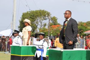 Her Honour Hyleta Liburd, Deputy Governor General of Nevis and Hon. Mark Brantley, Premier of Nevis take the salute during the march-past at the 35th Anniversary of Independence Ceremonial Parade and Awards Ceremony at the Elquemedo T. Willett Park on September 09, 2018