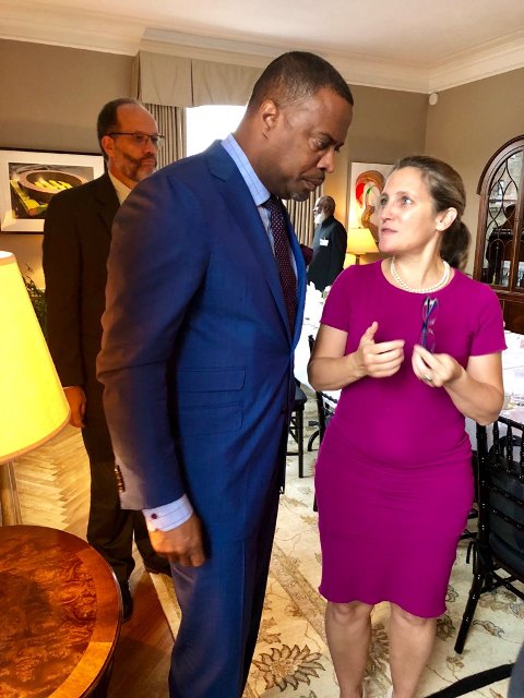 Hon. Mark Brantley, Foreign Minister of St. Kitts and Nevis, engaging Her Excellency Chrystia Freeland, Foreign Minister of Canada