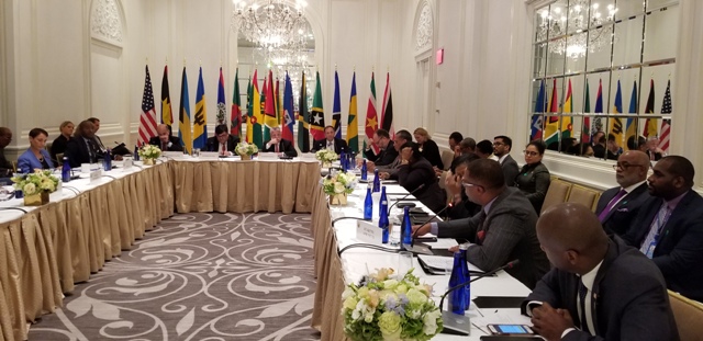 St. Kitts and Nevis Foreign Minister Hon. Mark Brantley (first row second from left) delivering remarks on behalf of the Caribbean Community at a meeting of Foreign Ministers in the region and United States of America’s Deputy Secretary of State H.E. John Sullivan on September 27, 2018