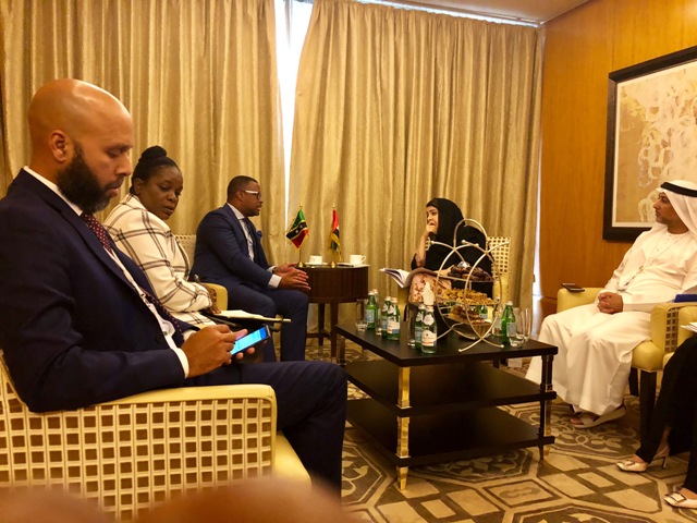 Mr. Justin Hawley, Consul General of St. Kitts and Nevis in Dubai; Ms. Kaye Bass, Permanent Secretary in the Ministry of Foreign Affairs; Hon. Mark Brantley Minister of Foreign Affairs in St. Kitts and Nevis; Her Excellency Reem Al Hashimy, Minister of State for International Cooperation in the United Arab Emirates Ministry of Foreign Affairs and other officials at a meeting at The Ritz-Carlton Dubai International Financial Centre on November 25, 2018