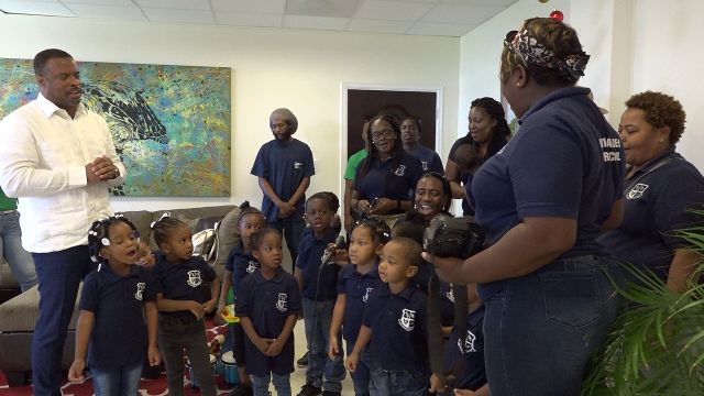 Hon. Mark Brantley, Premier of Nevis joins students of the Antioch Baptist Academy Pre-School in St. Kitts in singing a variety of Christmas Carols at his Pinney’s Estate office on November 30, 2018