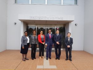 Visiting the Kyoto University Disaster Prevention Research Institute  on November 05, 2018. (L-r) Ms. Shanelle Simmonds, Foreign Service Officer; Her Excellency Jasmine Huggins, Non-resident Ambassador of St. Kitts and Nevis to Japan; Mrs. Sharon Brantley; Hon. Mark Brantley, Minister of Foreign Affairs and Aviation with Professor Norio Maki; and Dr. Tetsuya Hiraishi, Professor Coastal Sedimentary Environment at the Kyoto University 