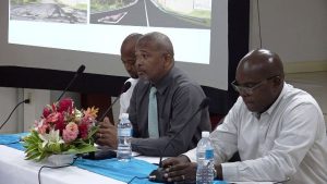 (L-r) Mr. Raoul Pemberton, Director of the Public Works Department; Hon. Spencer Brand, Minister of Communications and Works; and Dr. Ernie Stapleton, Permanent Secretary in the Ministry of Communication and Works; at a recent town hall meeting for residents of Craddock Road