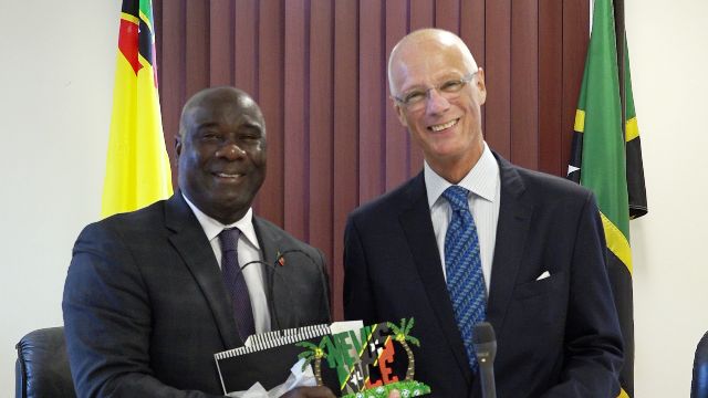 (L-r) Hon. Alexis Jeffers, Deputy Premier of Nevis, at his Charlestown office on November 29, 2018, presenting a token of appreciation to the new Chilean Ambassador to St. Kitts and Nevis His Excellency Francisco J. Bernales during a courtesy call