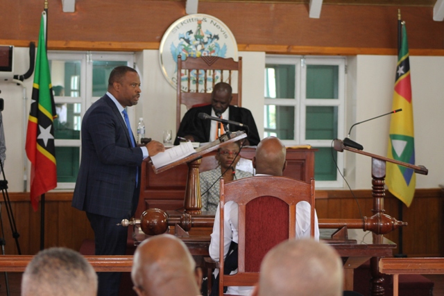 Hon. Mark Brantley making his presentation at a Nevis Island Assembly sitting at Hamilton House in Charlestown (file photo)