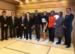 (Fifth from left) Mr. Hiroshi Ozaki, Chairman of the Osaka Chamber of Commerce and Industry and representatives of the private sector and Government of Japan with (fifth from right) Hon. Mark Brantley, Minister of Foreign Affairs and Aviation in St. Kitts and Nevis, and other members of the St. Kitts and Nevis delegation (from his immediate right) his wife Mrs. Sharon Brantley, Her Excellency Jasmine Huggins, St. and Nevis Non-Resident Ambassador to Japan and Ms. Shanelle Simmonds, Foreign Service Officer in the Ministry of Foreign Affairs 