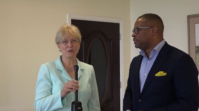 (L-r) The Republic of Romania’s first Ambassador to St. Kitts and Nevis, Her Excellency Gentiana Serbu, with Hon. Mark Brantley, St. Kitts and Nevis' Minister of Foreign Affairs and Aviation, and Premier of Nevis on her visit to Nevis on November 13, 2018