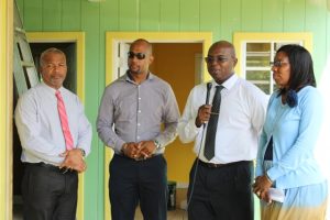 (L-r) Hon. Spencer Brand, Acting Premier of Nevis and Minister of Public Works; Mr. Raoul Pemberton, Director of the Public Works Department; Dr. Ernie Stapleton, Permanent Secretary in the Ministry of Communications and Works; and Mrs. Janice Richards, Principal at the Ivor Walters Primary School on site at the Ivor Walters Primary School expansion project on November 01, 2018