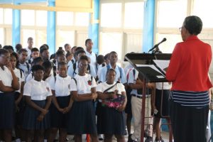 Deputy Governor-General of Nevis Her Honour Hyleeta Liburd addressing students at the Charlestown Secondary School on January 25, 2019