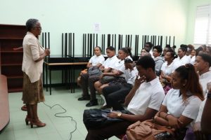 Deputy Governor-General of Nevis Her Honour Hyleeta Liburd addressing students at the Nevis Sixth Form College on January 28, 2019