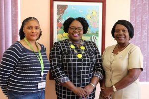 (L-r) Ms. Shelagh James Communications Specialist the Health Promotion Unit, Hon. Hazel Brandy-Williams, Junior Minister of Health on Nevis and Nurse Ermine Jeffers, Coordinator of Community Nursing Services at the minister’s Charlestown office on January 18, 2019
