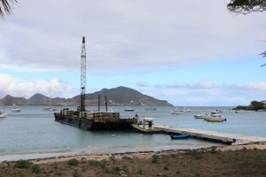 The barge from Sea Cure Marine Construction N.V on the construction site of the new water taxi pier at Oualie Bay on January 29, 2019