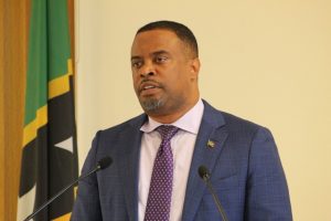Hon. Mark Brantley, Premier of Nevis, at the first of his monthly press conference at the Nevis Island Administration’s Cabinet Room at Pinney’s Estate on January 31, 2019