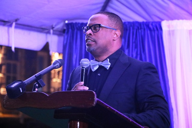 Hon. Mark Brantley, Premier of Nevis, delivering remarks at the First Congratulatory Reception for University Graduates hosted by him and First Lady Sharon Brantley, on the grounds of Government House at Belle Vue on February 09, 2019