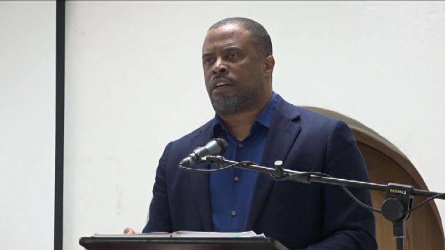 Hon. Mark Brantley, Premier of Nevis and Federal Minister of Foreign Affairs and Aviation, delivering remarks at a public consultation hosted by the Federal Government, the Team Unity Administration, at the St. Paul’s Anglican Church Hall on February 19, 2019. It was one of the activities held in Nevis as part of its 4th anniversary celebrations.