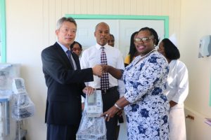 His Excellency Mr. Tom Lee, Republic of China (Taiwan) Resident Ambassador to St. Kitts and Nevis hands over a gift package of medical equipment and supplies to Hon. Hazel Brandy-Williams, Junior Minister of Health on Nevis at a handing over ceremony at the Alexandra Hospital on February 12, 2019