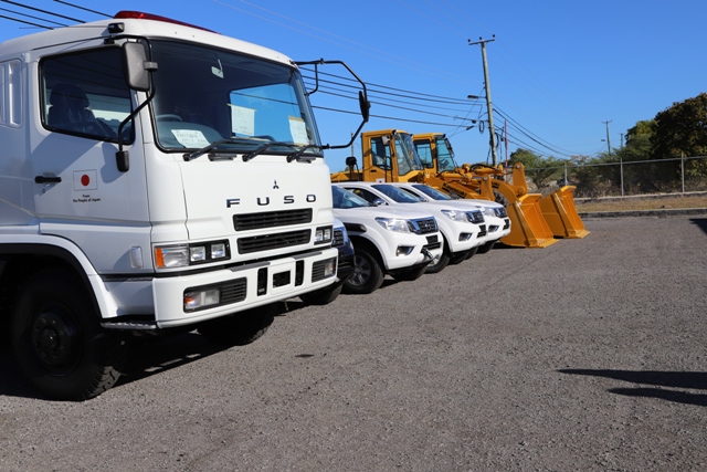 Seven vehicles at the Nevis Disaster Management Department’s parking lot at Long Point, part of a multi-million dollar gift from the Government and people of Japan to the Nevis Island Administration