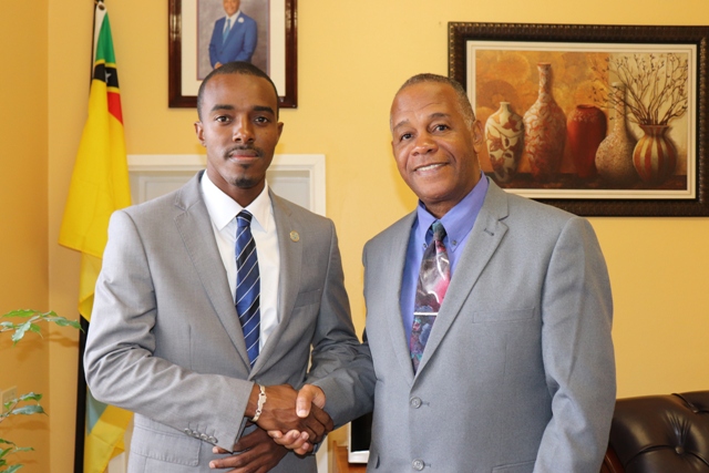 Hon. Eric Evelyn, Minister of Youth, Sports and Culture in the Nevis Island Administration welcomes Mr. Javan E. James, Senator in the 33rd Legislature of the United States Virgin Islands, to his office in Charlestown and to Nevis during a courtesy call on March 11, 2019