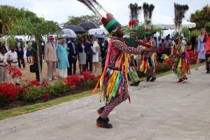 Nevis Cultural Development Foundation Masqueraders performing at Government House during the Royal Visit on March 21, 2019