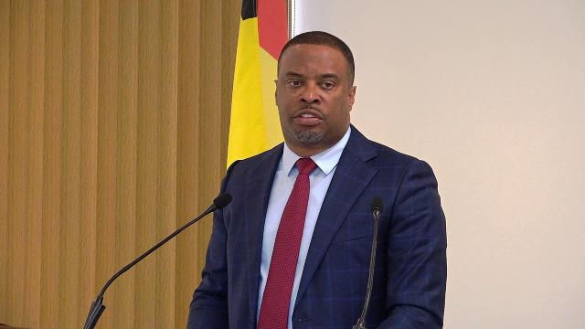 Hon. Mark Brantley, Premier of Nevis, at his monthly press conference at Cabinet Room at Pinney’s Estate on March 01, 2019