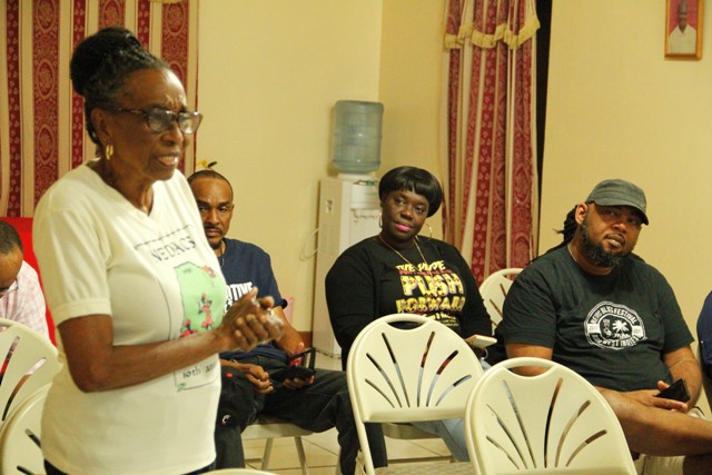 Ms. Irma Johnson (standing), a founding of Culturama, among participants at the Red Cross Building in Charlestown at the last of three consultations held by the Ministry of Culture and the Culturama Secretariat ahead of Culturama 45