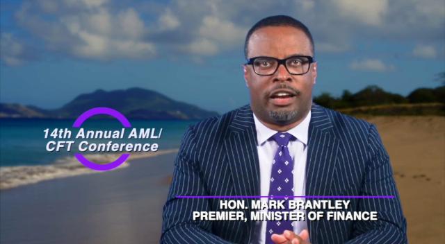 Hon. Mark Brantley, Premier of Nevis and Minister of Finance delivering an address in a video presentation at the 14th annual AML/CFT Conference hosted by the Financial Services Regulatory Commission – Nevis Branch on March 11, 2019 at the Four Seasons Resort, Nevis