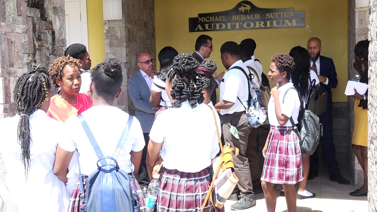 Members of the Diplomatic Corps interacting with students of the Nevis Sixth Form College at the Nevis Performing Arts Centre, during Diplomatic Week 2019