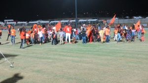 Students, staff and well-wishers of the Charlestown Secondary School celebrating the school’s victory at the 27th annual Gulf Insurance Inter-Primary Schools Championship at the Nevis Athletic Stadium at Low Ground on April 03, 2019
