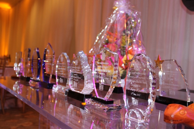 Trophies for distribution at the Ministry of Tourism Awards Gala in May 2017 at the Four Seasons Resort, Nevis in 2019
