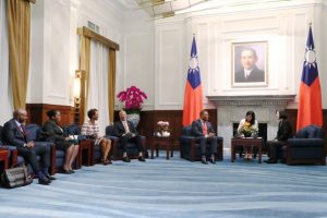 Hon. Mark Brantley, Minister of Foreign Affairs and Aviation in St. Kitts and Nevis and Premier of Nevis accompanied by Hon. Spencer Brand Minister in the Nevis Island Administration and Mr. Wakely Daniel, Permanent Secretary in the Premier’s Ministry at a meeting with  Her Excellency Dr Tsai Ing-wen, President of the Republic of China (Taiwan). Also present are St. Kitts and Nevis Embassy officials stationed in the Republic of China (Taiwan)