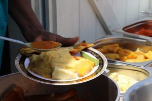 A typical Nevisian meal of cornmeal and fish served at the Ministry of Tourism’s Heritage Village Life, at the Nevisian Heritage Village on May 10, 2019, an event on its Exposition Nevis calendar of activities