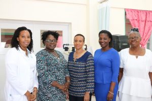 (L-r) Hon. Hazel Brandy-Williams, Junior Minister of Health (second from right) on Nevis meets at the Maternity Ward on May 23, 2019, with team preparing Alexandra Hospital on Nevis and the Joseph N. France General Hospital on St. Kitts to pursue certification as Baby-Friendly Hospitals, as part of the United Nations Children’s Fund and the World Health Organization Baby-Friendly Hospital initiative launched in 1991. (L-r) Ms. Dhaima Golding, Assistant Nurse Manager and Breastfeeding Coordinator on Nevis; Ms. Katrina Smith, Pan American Health Organization’s Country Programme Specialist for St. Kitts and Nevis and  Ms. Latoya Matthew-Duncan, Nutrition Surveillance Coordinator in the Health Promotion Unit in St. Kitts 