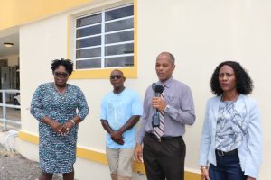 (L-r) Hon. Hazel Brandy-Williams, Junior Minister of Health on Nevis; Mr. Egbert Clarke, contractor; Mr. Gary Pemberton, Hospital Administrator; and Ms. Shelisa Martin-Clarke, Acting Permanent Secretary in the Ministry of Health; during a tour of the expansion of the kitchen facility at the Flamboyant Nursing Home on Thursday, May 23, 2019