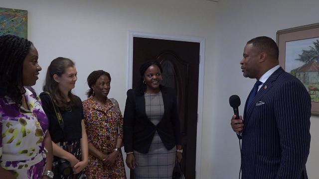 Hon. Mark Brantley, Premier of Nevis (extreme right) welcomes Commonwealth Secretariat team to Nevis at his office at Pinney’s Estate on June 21, 2019, (l-r) Dr. Tres-Ann Kremer, Adviser Caribbean and Head of Good Offices for Peace; Ms. Sonali Campion, Programme Officer; Ms. Helene Massaka, Programme Assistant; and Ms. Elizabeth Bkibinga-Gaswaga, Legal Adviser