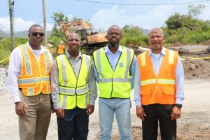 (l-r) Mr. Denzil Stanley, Principal Assistant Secretary in the Ministry of Communication and Works; Mr. Jevon Williams, the Nevis Island Administration’s Project Manager for the Island Main Road Rehabilitation and Safety Improvement Project; Mr. Michael Morrison Project Manager for contractors Surrey Paving and Aggregate Co. Caribbean Ltd.; and Hon. Spencer Brand, Minister of Communication and Works on location of the EC$6.7million project on July 29, 2019