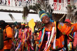 Hon. Eric Evelyn, Minister of Culture on Nevis, masquerading and taking part in the Culturama 45 Cultural Street Parade in Charlestown on August 06, 2019
