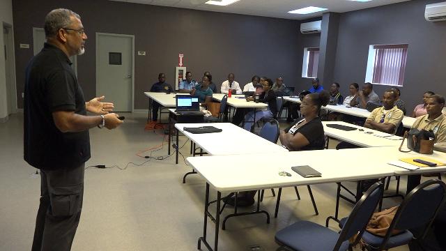 Mr. Peter Burgess, Emergence Response Facilitator at the Pan American Health Organisation, at a Mass Casualty Management System Training session hosted by the Ministry of Health and his organisation at the Nevis Disaster Management Department’s Emergency Management Centre at Long Point on August 19, 2019