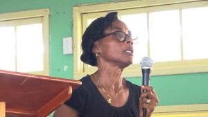 Gingerland Secondary School Principal Mrs. Lineth Williams, at assembly during a visit by Hon. Eric Evelyn, Minister of Youth and Area representative for the St. George’s Parish on September 13, 2019