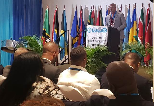 Hon. Spencer Brand, Minister of Water Services in the Nevis Island Administration delivering his address at the opening ceremony of the Caribbean Water and Wastewater Association (CWWA) Conference at the St. Kitts Marriott Resort on October 14, 2019.