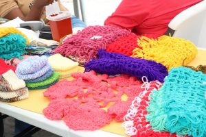 Knitted items done by clients of the Mental Health Unit on display at an exhibition staged by the unit on October 11, 2019, at the Nevis Island Administration grounds in Charlestown, in observance of World Mental Health Day 2019