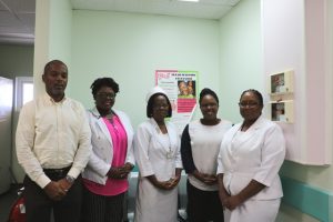 Hon. Hazel Brandy Williams, Junior Minister of Health on Nevis (second from left) with senior staff at the Alexandra Hospital while commissioning a Direct Radiography system at the X-Ray Unit. Mr. Gary Pemberton, Hospital Administrator (extreme left); Matron Aldris Pemberton (third from left); Ms. Shinnelle Mills Assistant Hospital Administrator (second from right); and Mrs. Jessica Scarborough, Assistant Matron (extreme right)