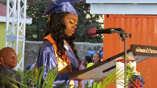 Ms. Shanya Taylor, valedictorian for the Caribbean Secondary Education Certificate (CSEC) in the Charlestown Secondary School’s (CSS) Graduating Class of 2019 delivering here valedictory speech during the Charlestown Secondary School and Nevis Sixth Form College Graduation and Prize-giving Ceremony at the Nevis Cultural Village on November 13, 2019
