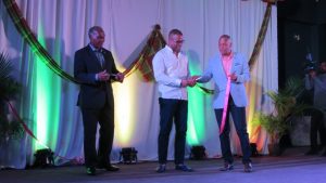 (L-r) Hon Vance Amory, Senior Federal Minister and Area Representative for St. George’s Parish, Hon. Mark Brantley, Premier of Nevis and Hon. Eric Evelyn, Minister of Social Development and Culture moments after they cut the ribbon signalling the official opening of the David Freeman Centre of Excellence in Gingerland on November 28, 2019