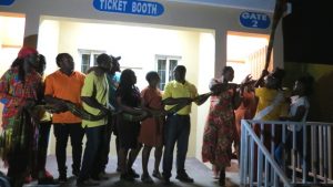 Members of the Freeman family preparing to unveil the name of the first multipurpose centre in Gingerland during the official opening and naming ceremony at Market Shop in Gingerland on November 28, 2019