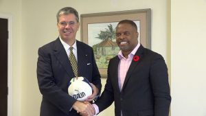 Hon. (l-r) His Excellency Mr. Massimo Ambrosetti, Italian Ambassador to St. Kitts and Nevis presents Hon. Mark Brantley, Minister of Foreign Affairs and Premier of Nevis with footballs from the National Soccer Federation in Italy, at Mr. Brantley’s office at Pinney’s Estate on November 06, 2019