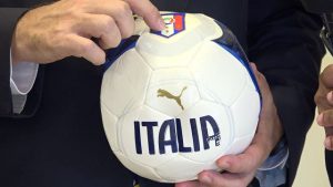 His Excellency Mr. Massimo Ambrosetti, Italian Ambassador to St. Kitts and Nevis points out the official emblem of the Italian Soccer Federation with four stars which represent the four World Championships won by Italy, while presenting some footballs to Hon. Mark Brantley, Foreign Affairs Minister and Premier of Nevis at his office at Pinney’s Estate on November 06, 2019